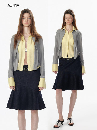ALINNV Colorblock Faux Layered Cinched Waist Women&