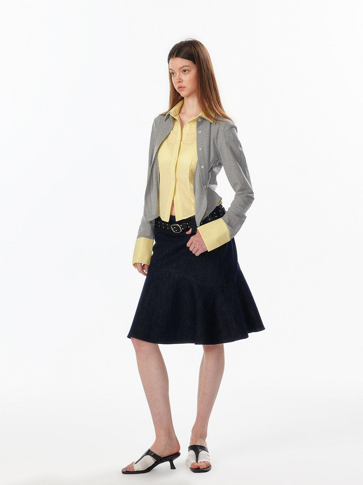 ALINNV Colorblock Faux Layered Cinched Waist Women&