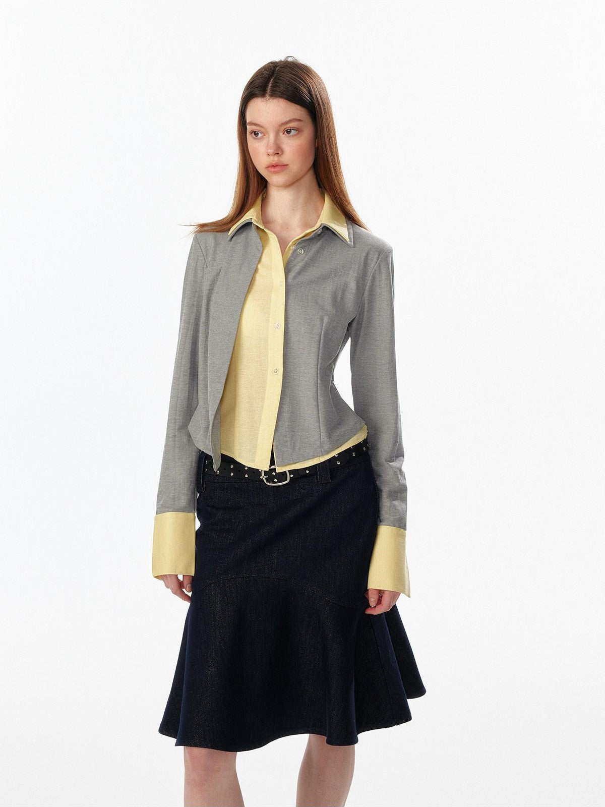 ALINNV Colorblock Faux Layered Cinched Waist Women&