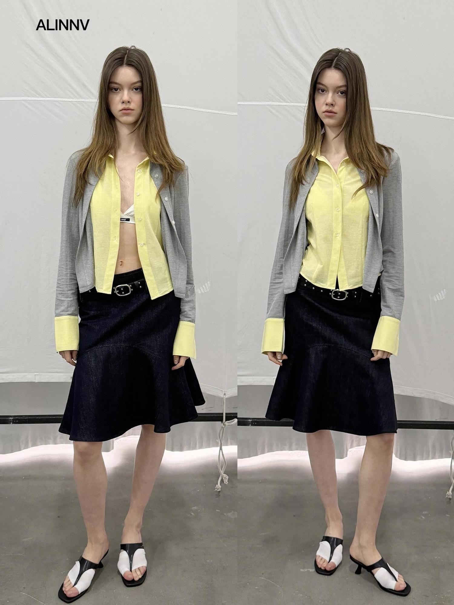 ALINNV Colorblock Faux Layered Cinched Waist Women&