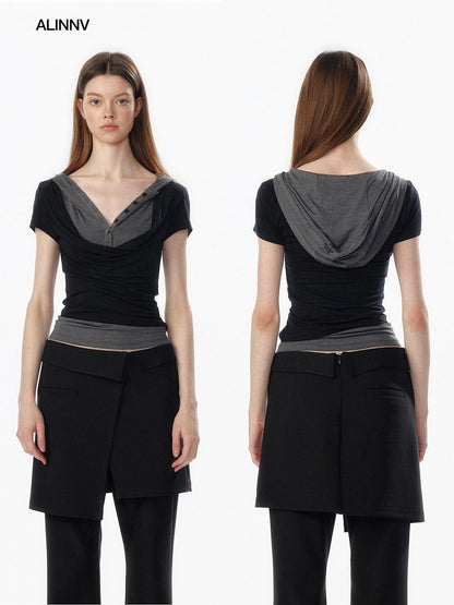 ALINNV Colorblock Spliced Layered Hooded Slimming Women&