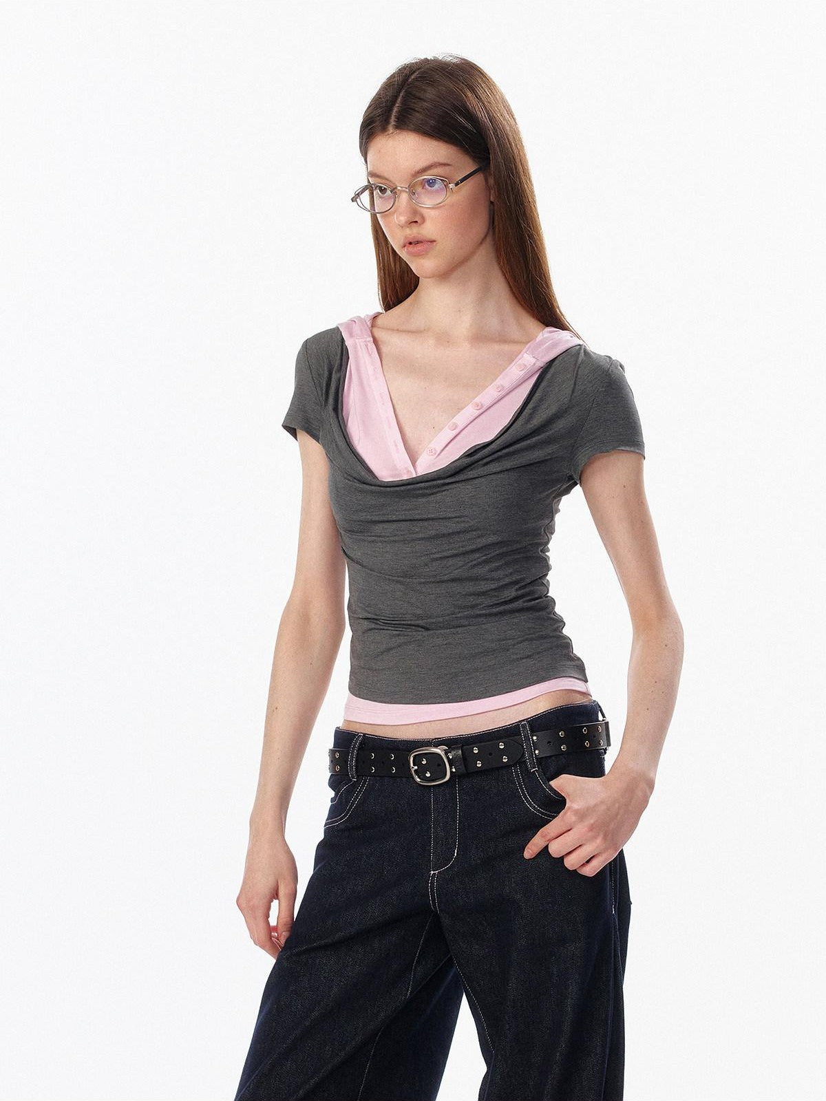 ALINNV Colorblock Spliced Layered Hooded Slimming Women&
