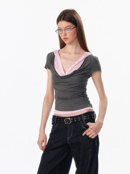 ALINNV Colorblock Spliced Layered Hooded Slimming Women&