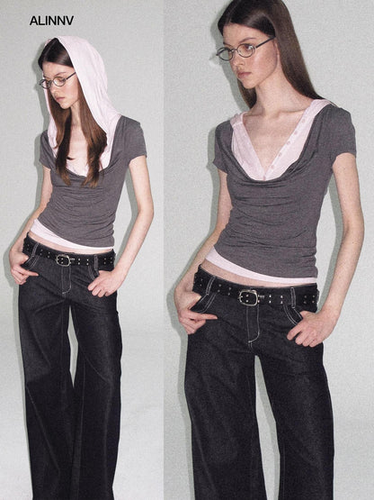 ALINNV Colorblock Spliced Layered Hooded Slimming Women&