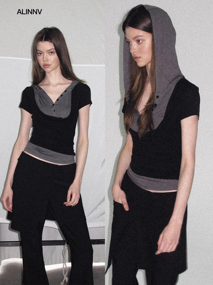 ALINNV Colorblock Spliced Layered Hooded Slimming Women&