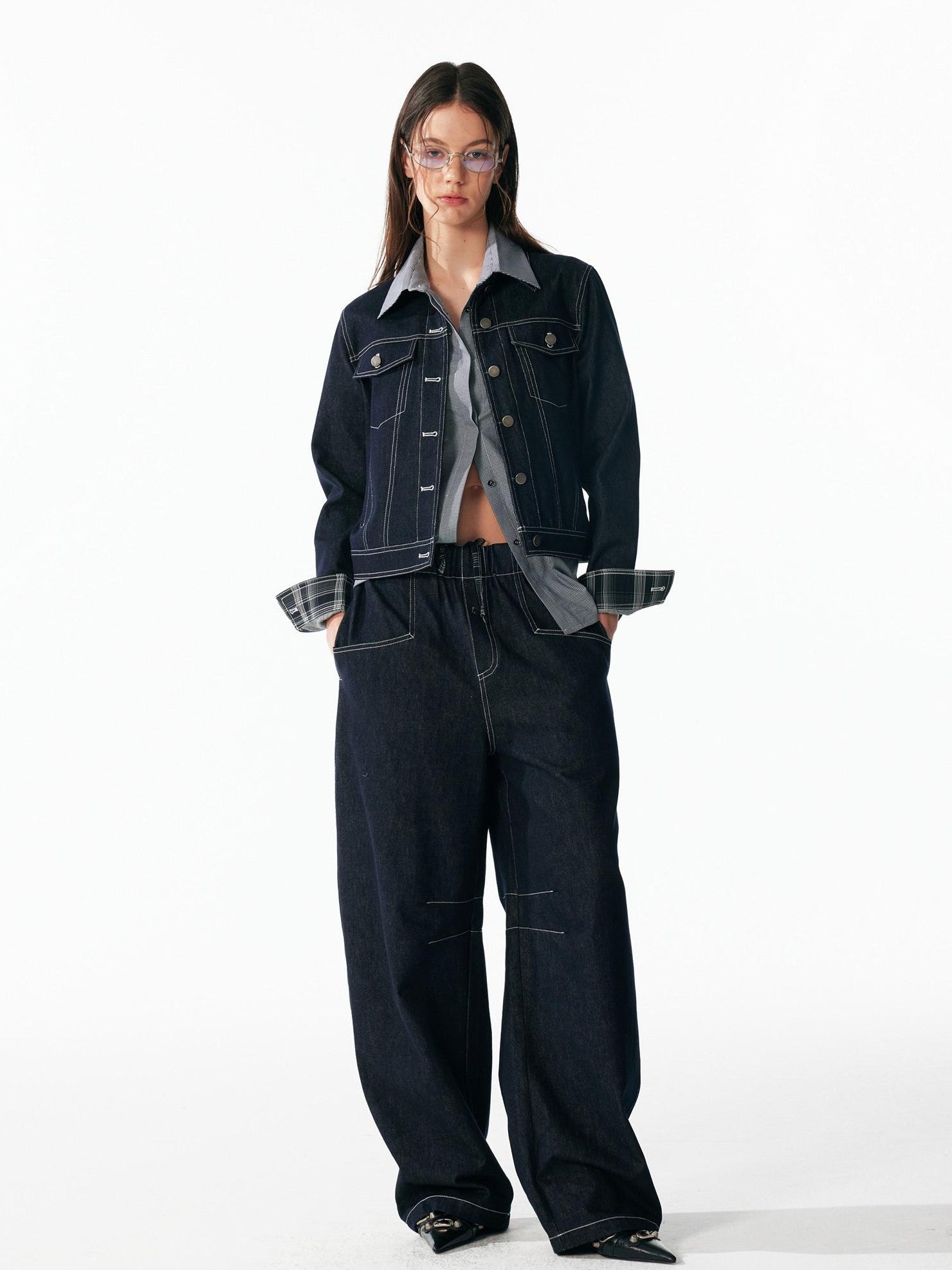 ALINNV Contrast Stitch Colorblock Short Lapel Slimming Women&