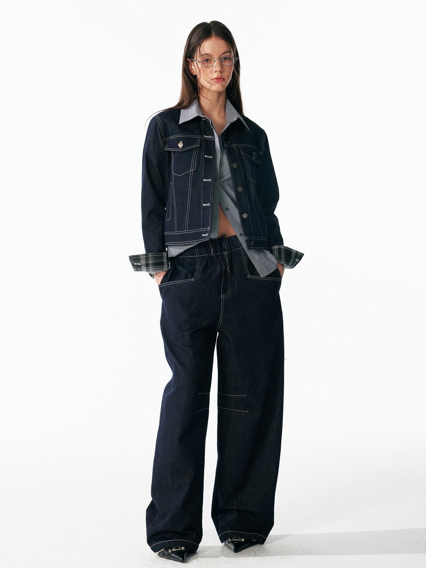 ALINNV Contrast Stitch Colorblock Short Lapel Slimming Women&