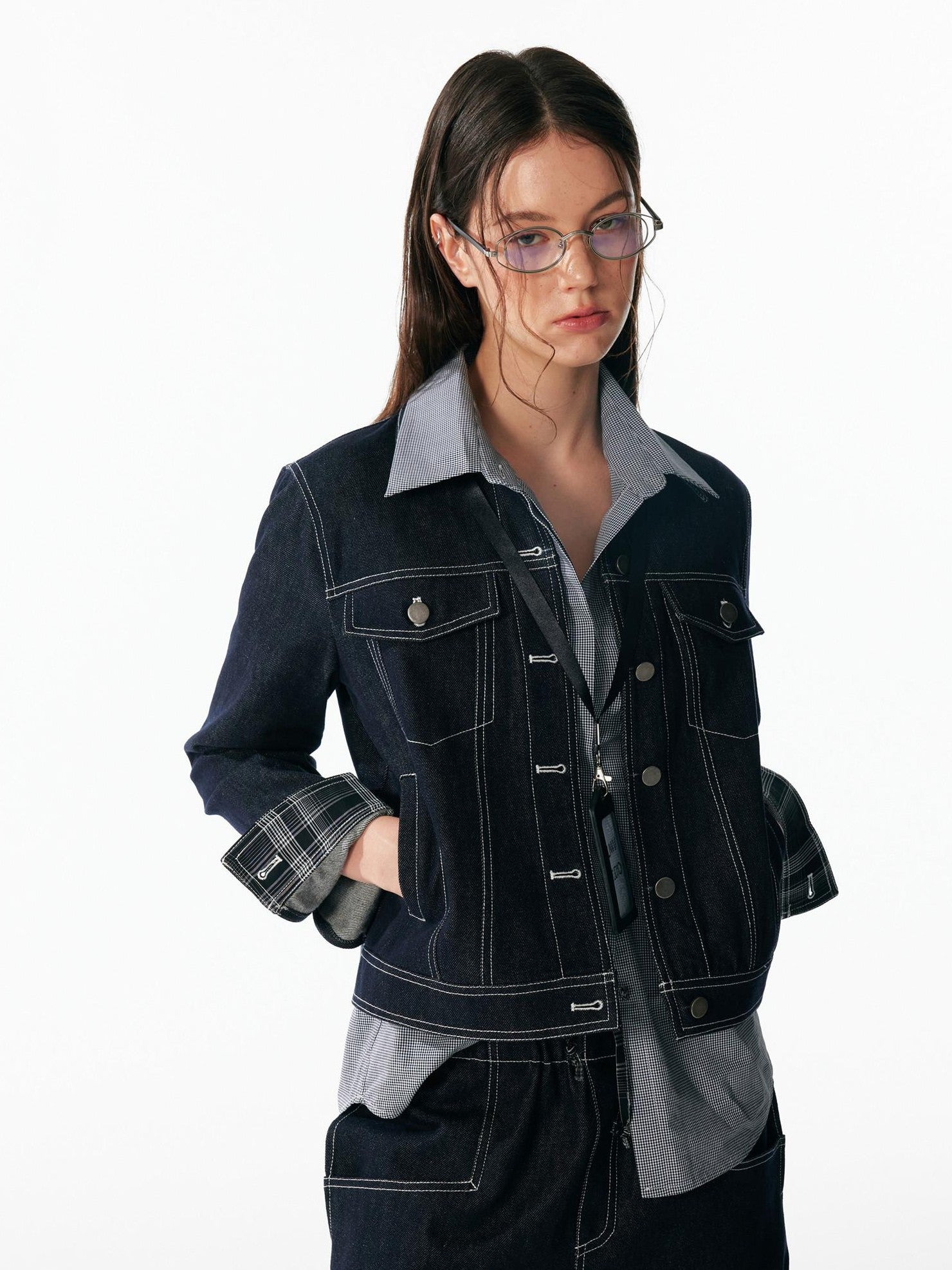 ALINNV Contrast Stitch Colorblock Short Lapel Slimming Women&