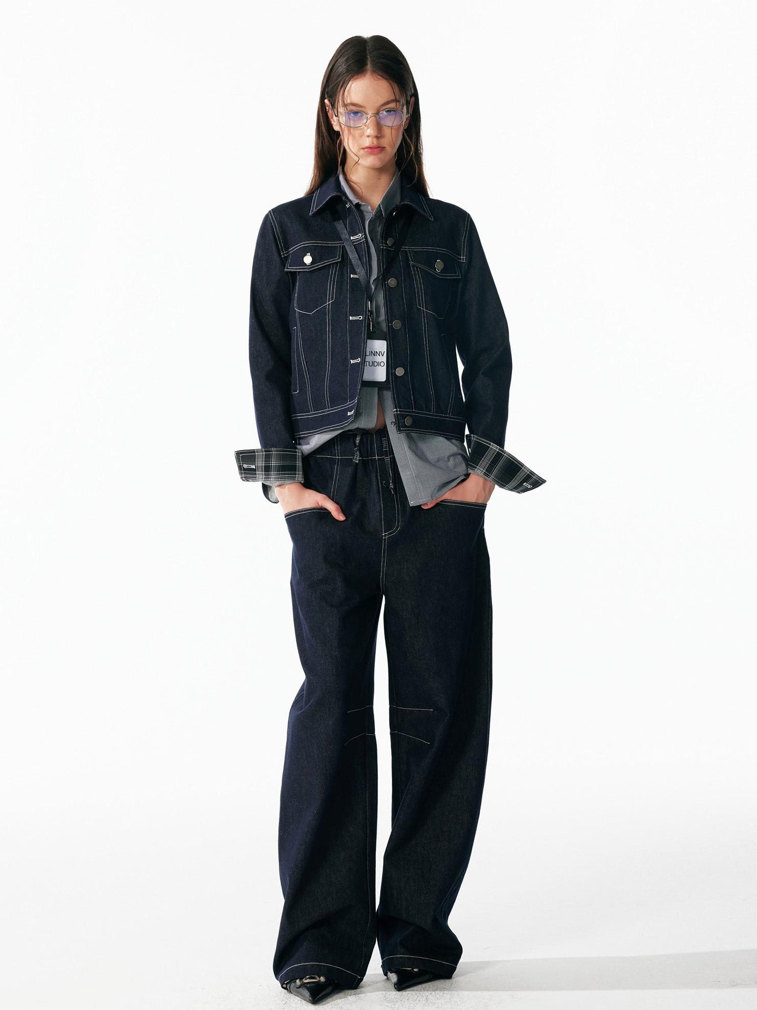 ALINNV Contrast Stitch Colorblock Short Lapel Slimming Women&