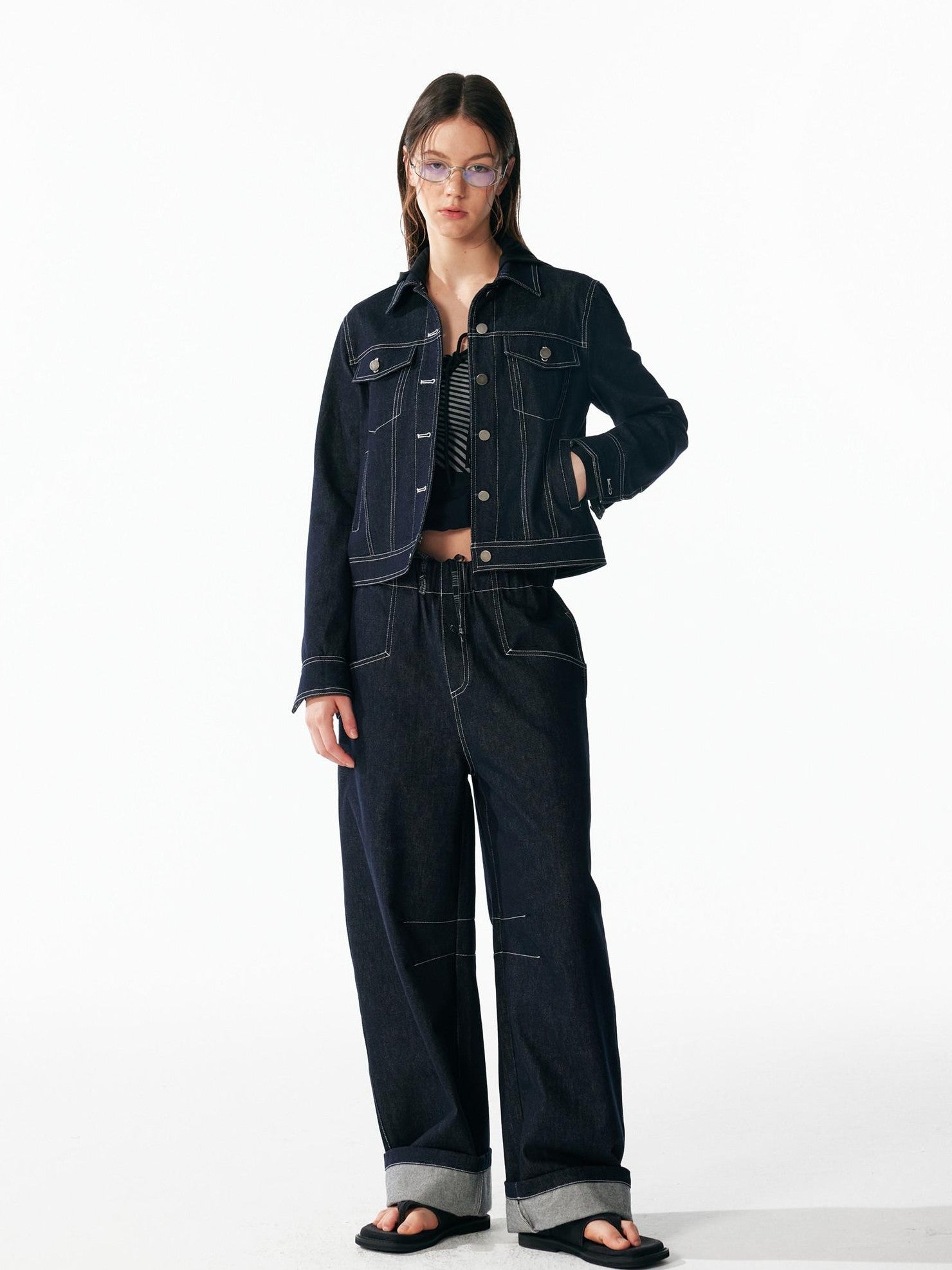ALINNV Contrast Stitch Colorblock Short Lapel Slimming Women&