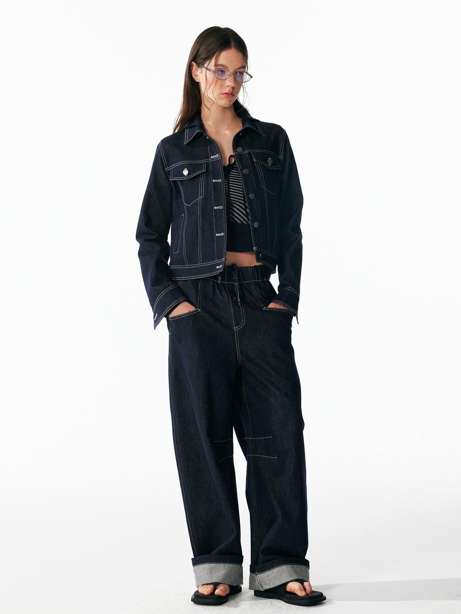 ALINNV Contrast Stitch Colorblock Short Lapel Slimming Women&