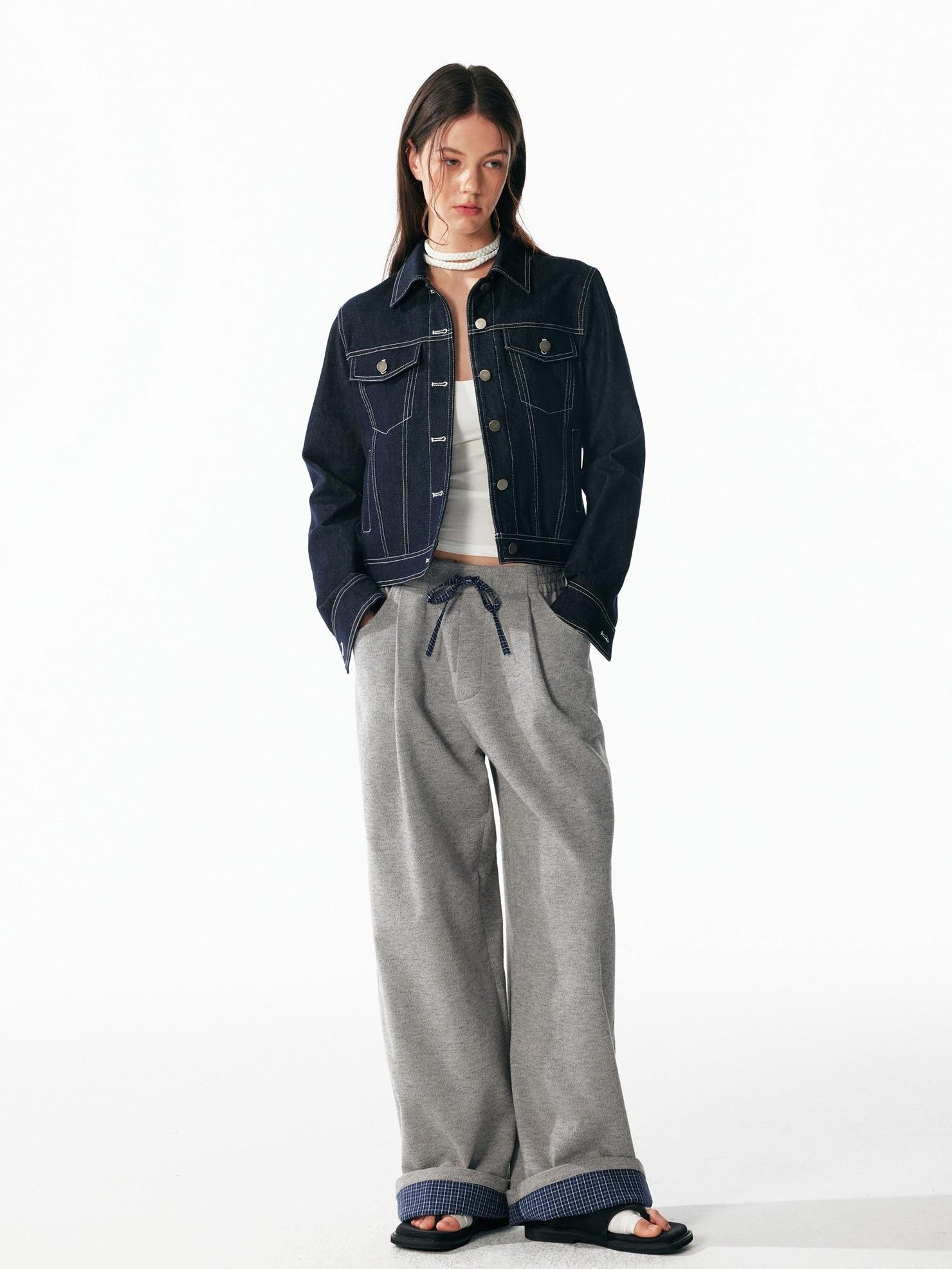 ALINNV Contrast Stitch Colorblock Short Lapel Slimming Women&