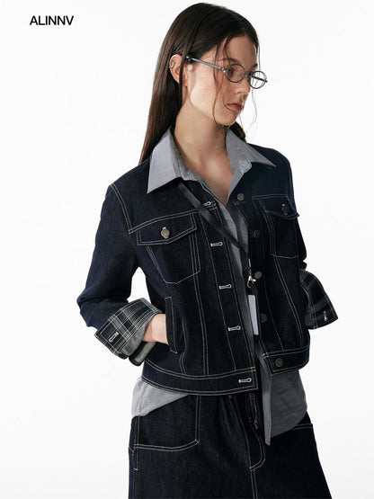 ALINNV Contrast Stitch Colorblock Short Lapel Slimming Women&