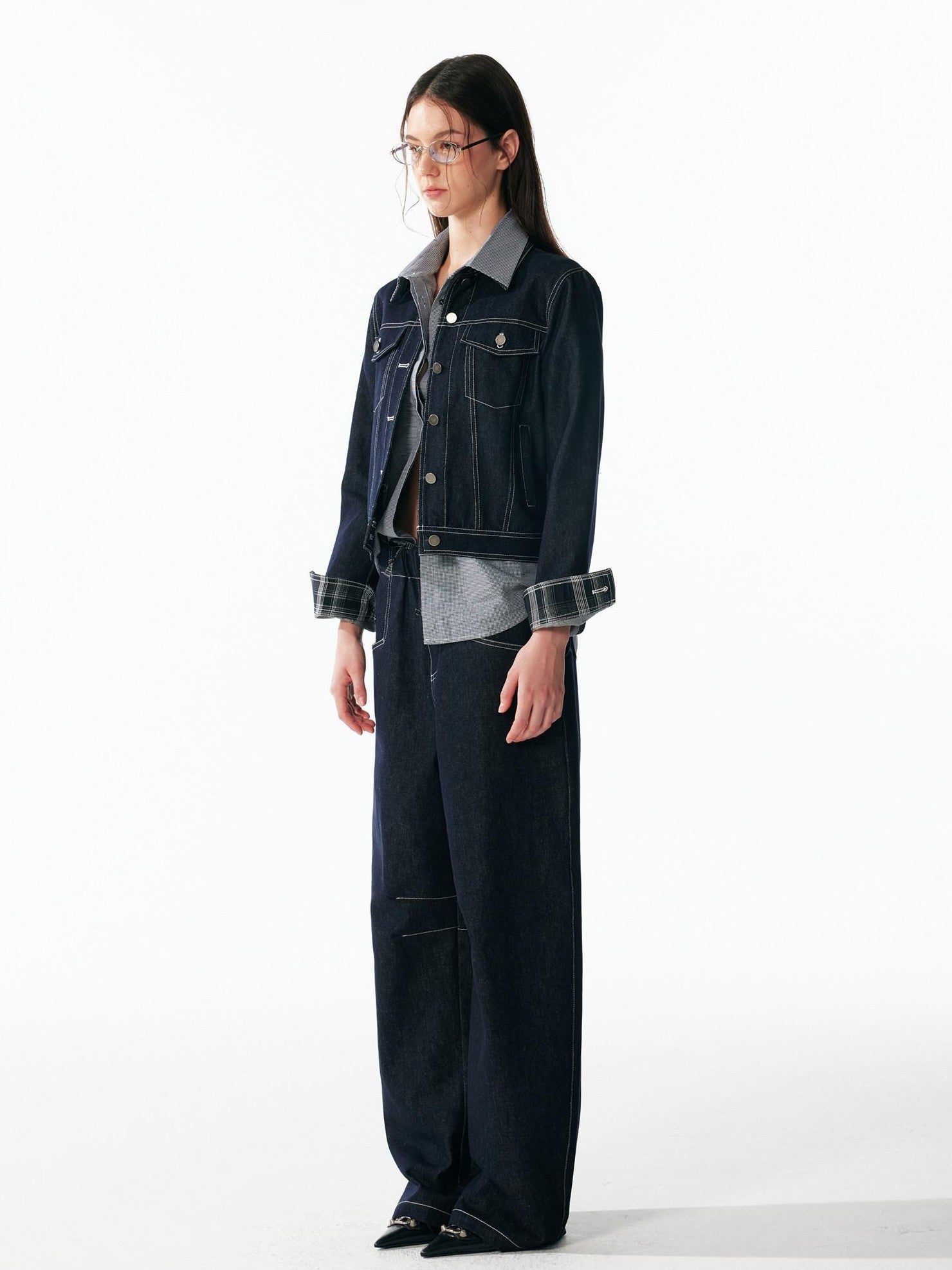 ALINNV Contrast Stitch Colorblock Short Lapel Slimming Women&