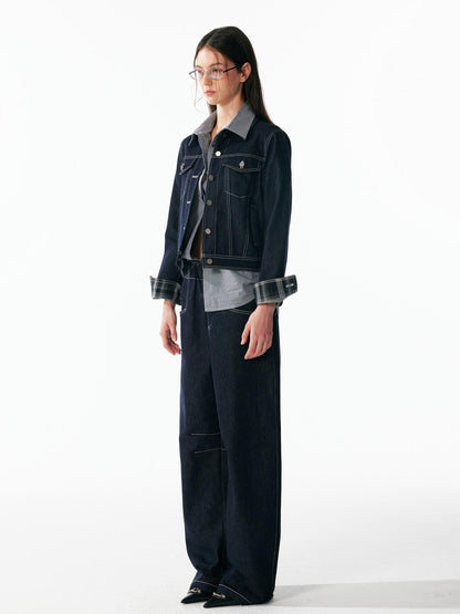 ALINNV Contrast Stitch Colorblock Short Lapel Slimming Women&