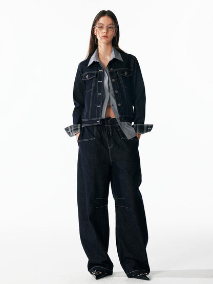 ALINNV Contrast Stitch Colorblock Short Lapel Slimming Women&
