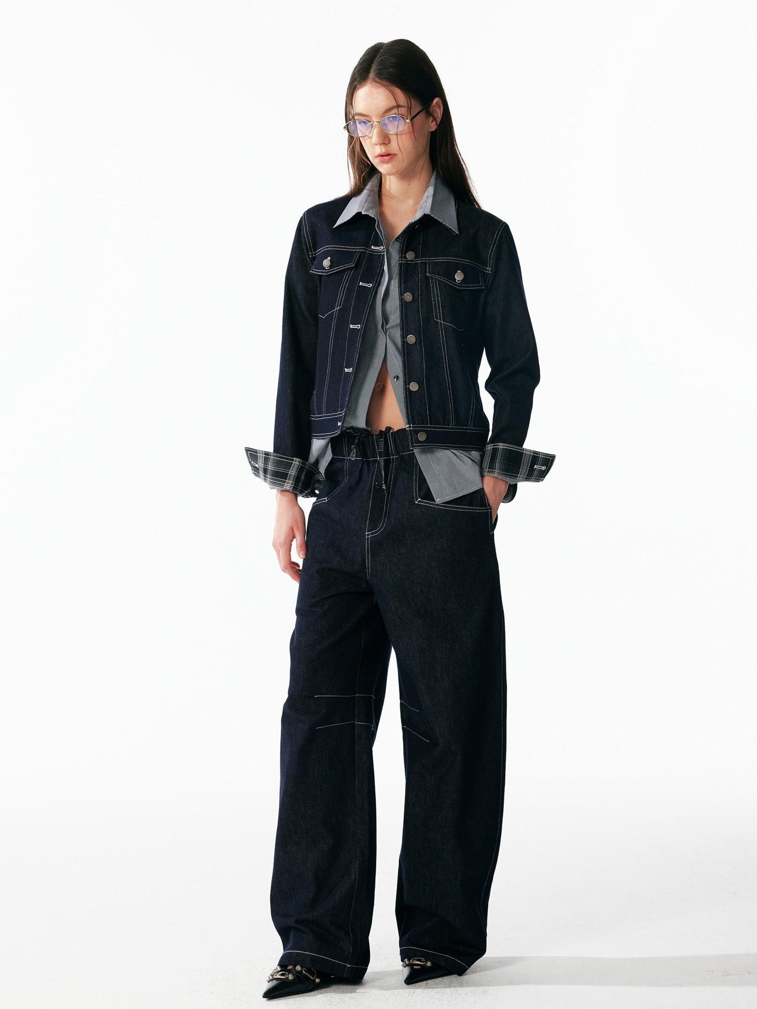 ALINNV Contrast Stitch Colorblock Short Lapel Slimming Women&