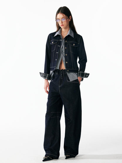 ALINNV Contrast Stitch Colorblock Short Lapel Slimming Women&
