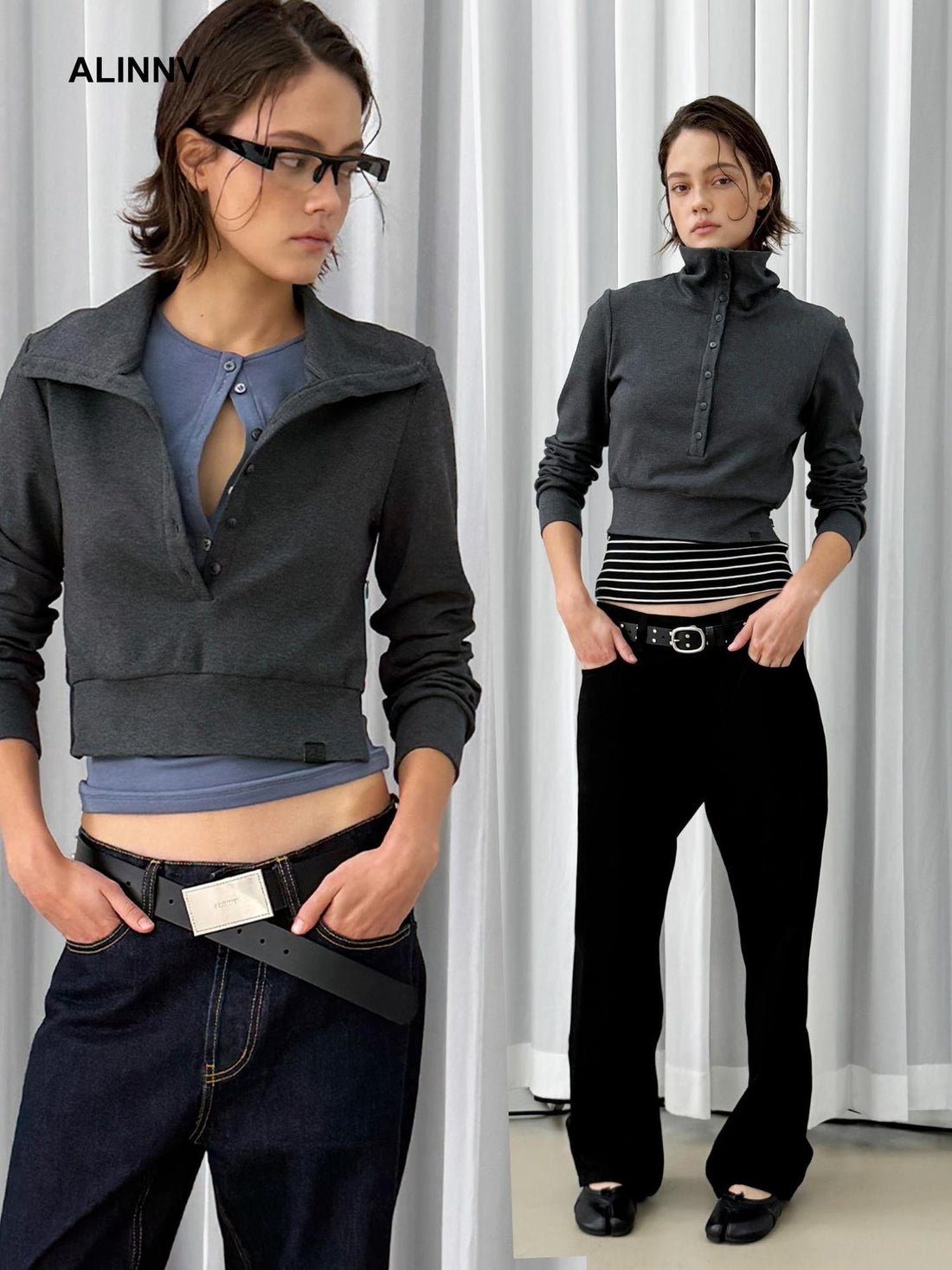 ALINNV Convertible Stand Collar Waist Cinched Side Slit Women&