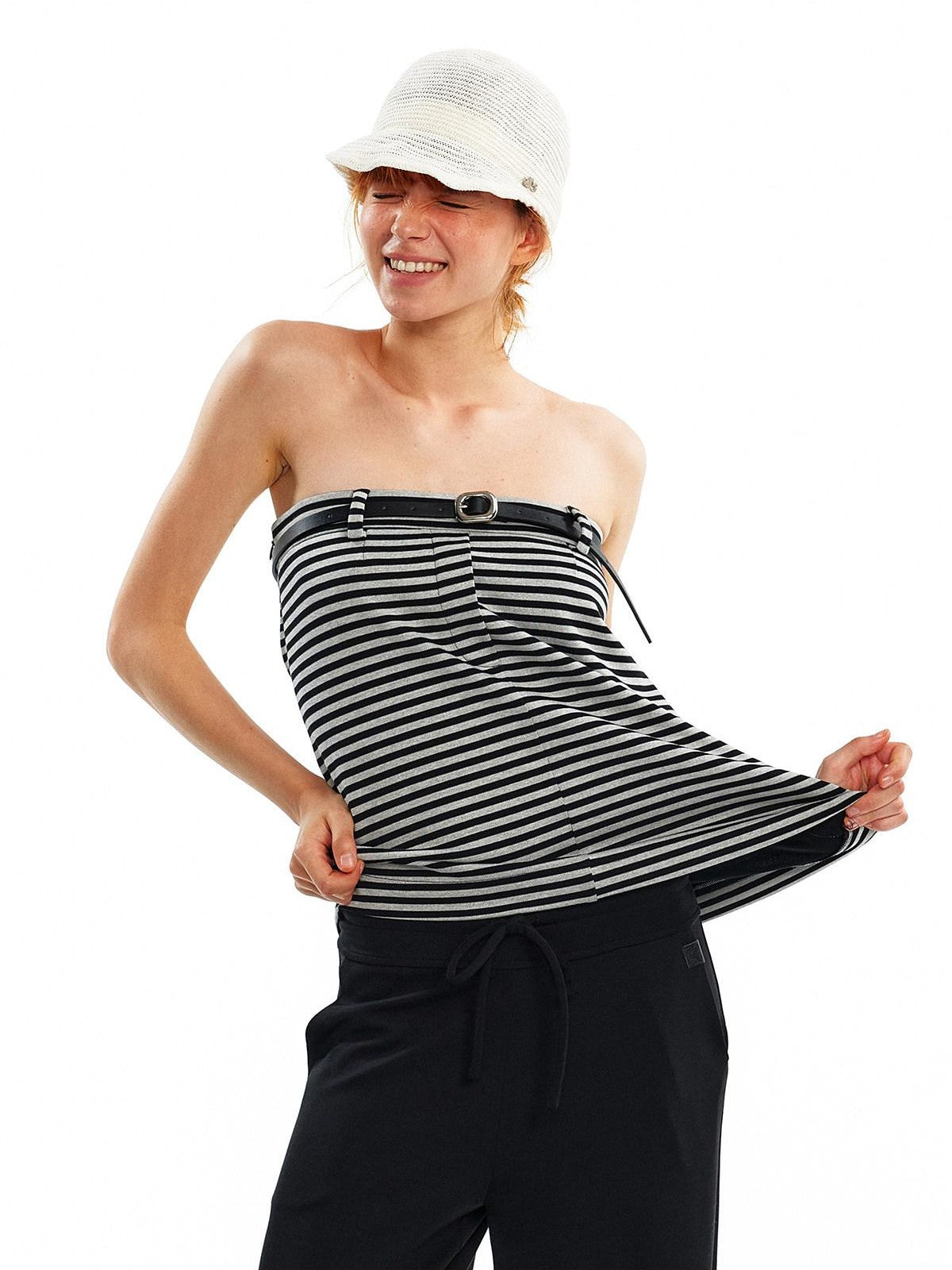 ALINNV Cropped Asymmetric Half Elastic Anti Slip Belted Women&