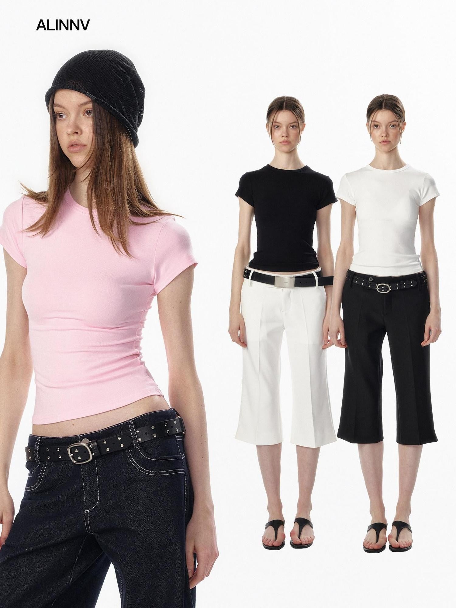 ALINNV Cropped Hourglass Slim Fit Crew Neck Women&
