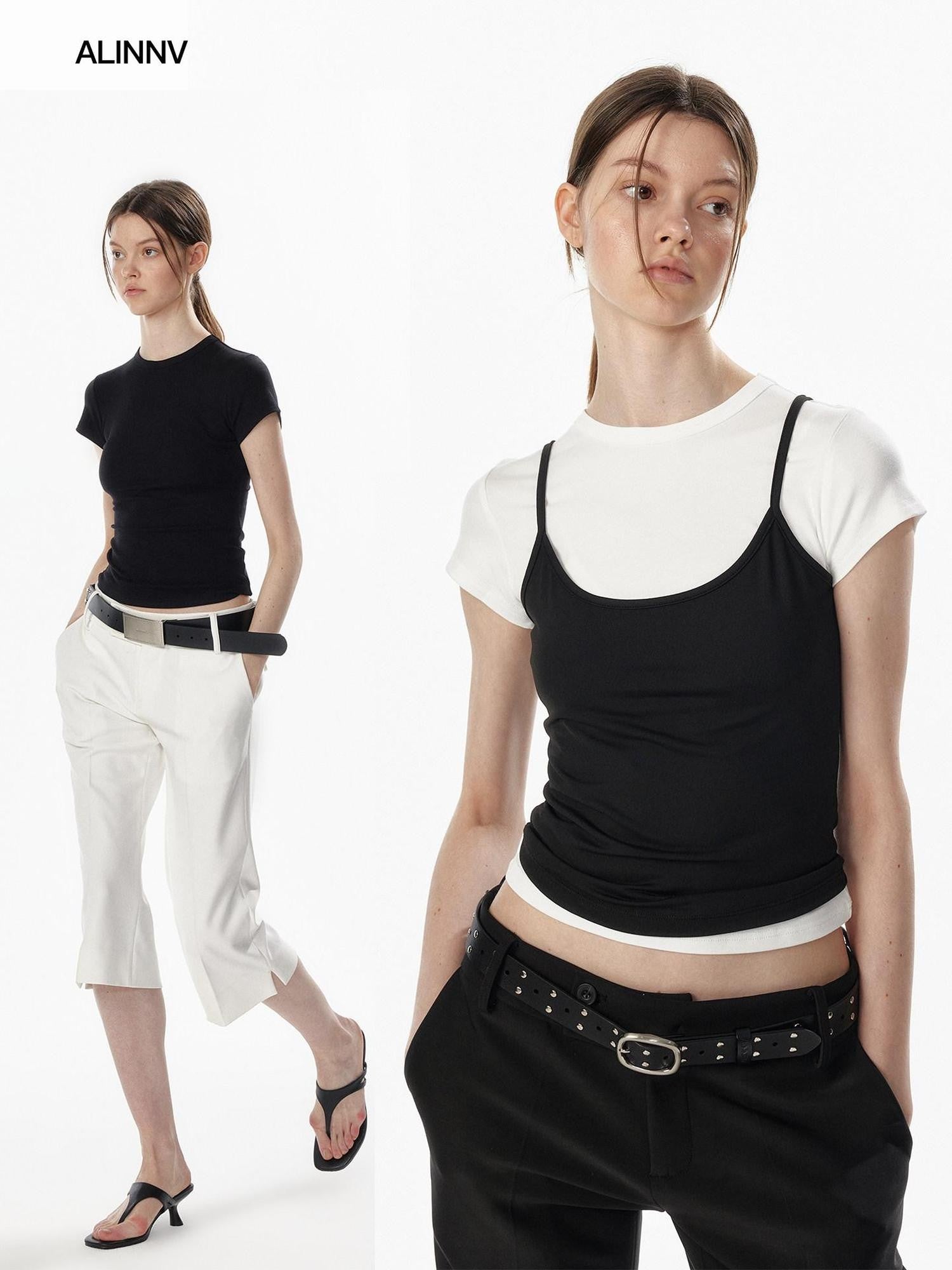 ALINNV Cropped Hourglass Slim Fit Crew Neck Women&