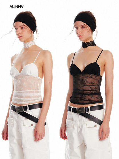 ALINNV Cropped Lace Triangle Cup Adjustable Straps Solid Slim Fit Women&
