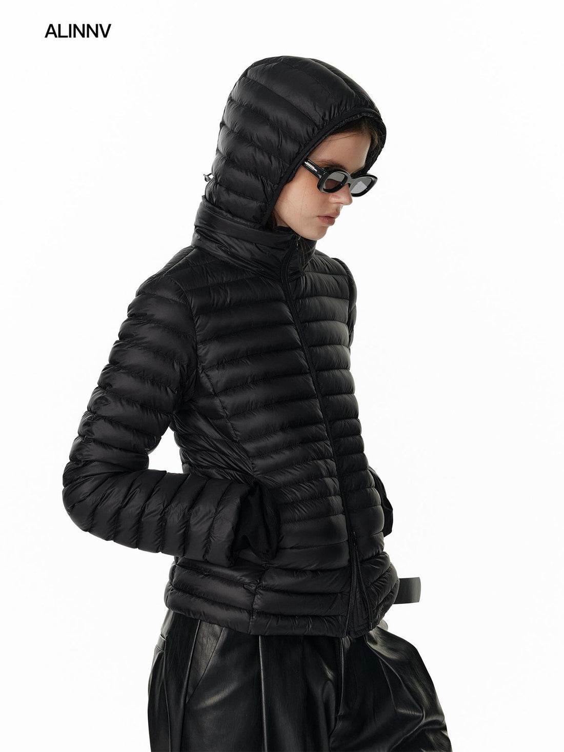 ALINNV Detachable Hood Quilted Cropped 90 White Duck Down Women&