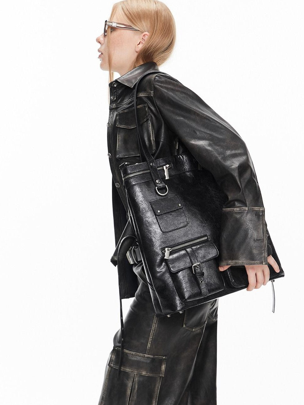 ALINNV Distressed Biker Multi Pocket Tote Convertible Women&