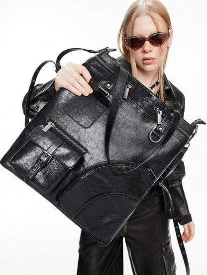 ALINNV Distressed Biker Multi Pocket Tote Convertible Women&