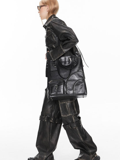 ALINNV Distressed Biker Multi Pocket Tote Convertible Women&