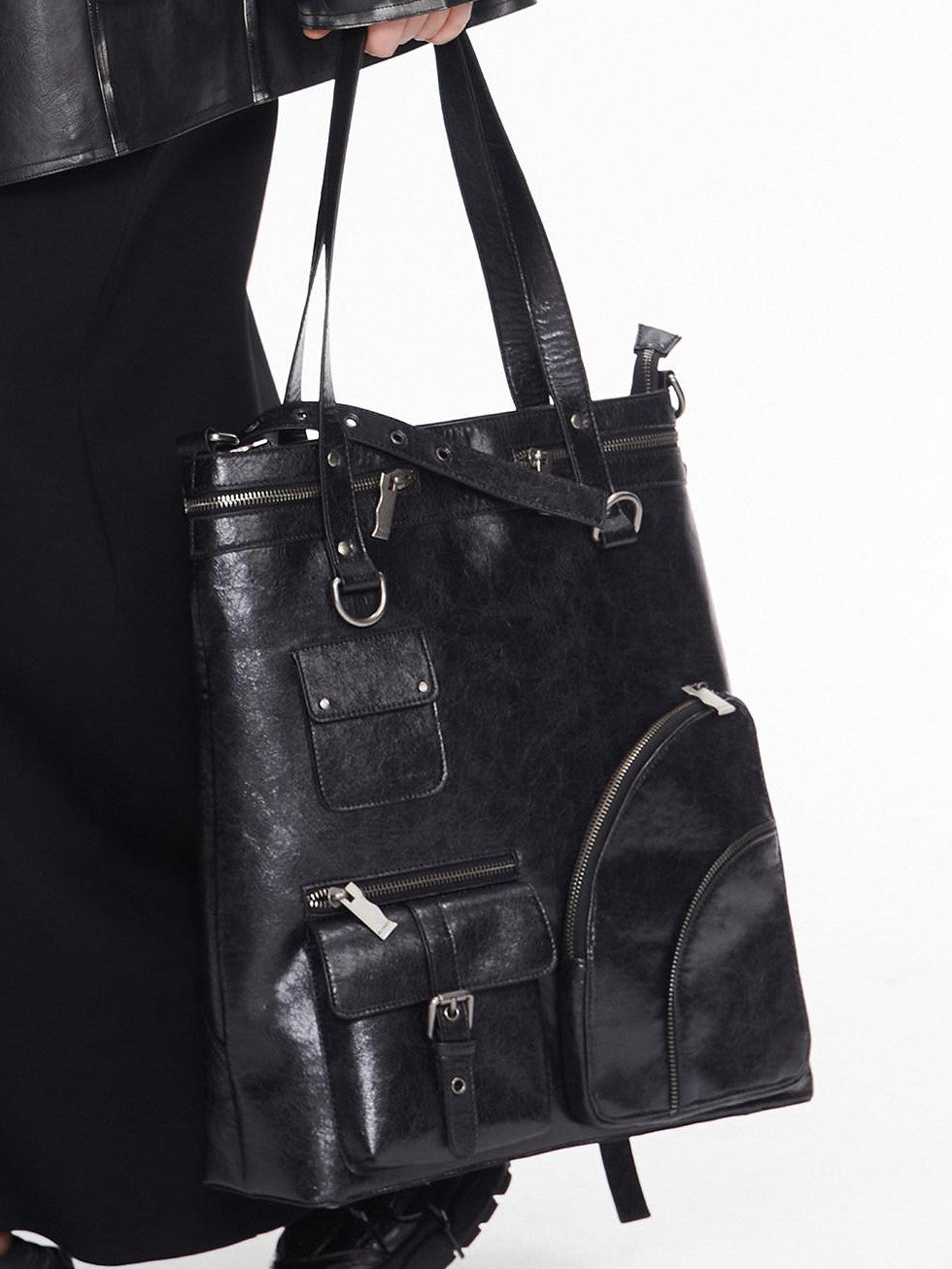 ALINNV Distressed Biker Multi Pocket Tote Convertible Women&