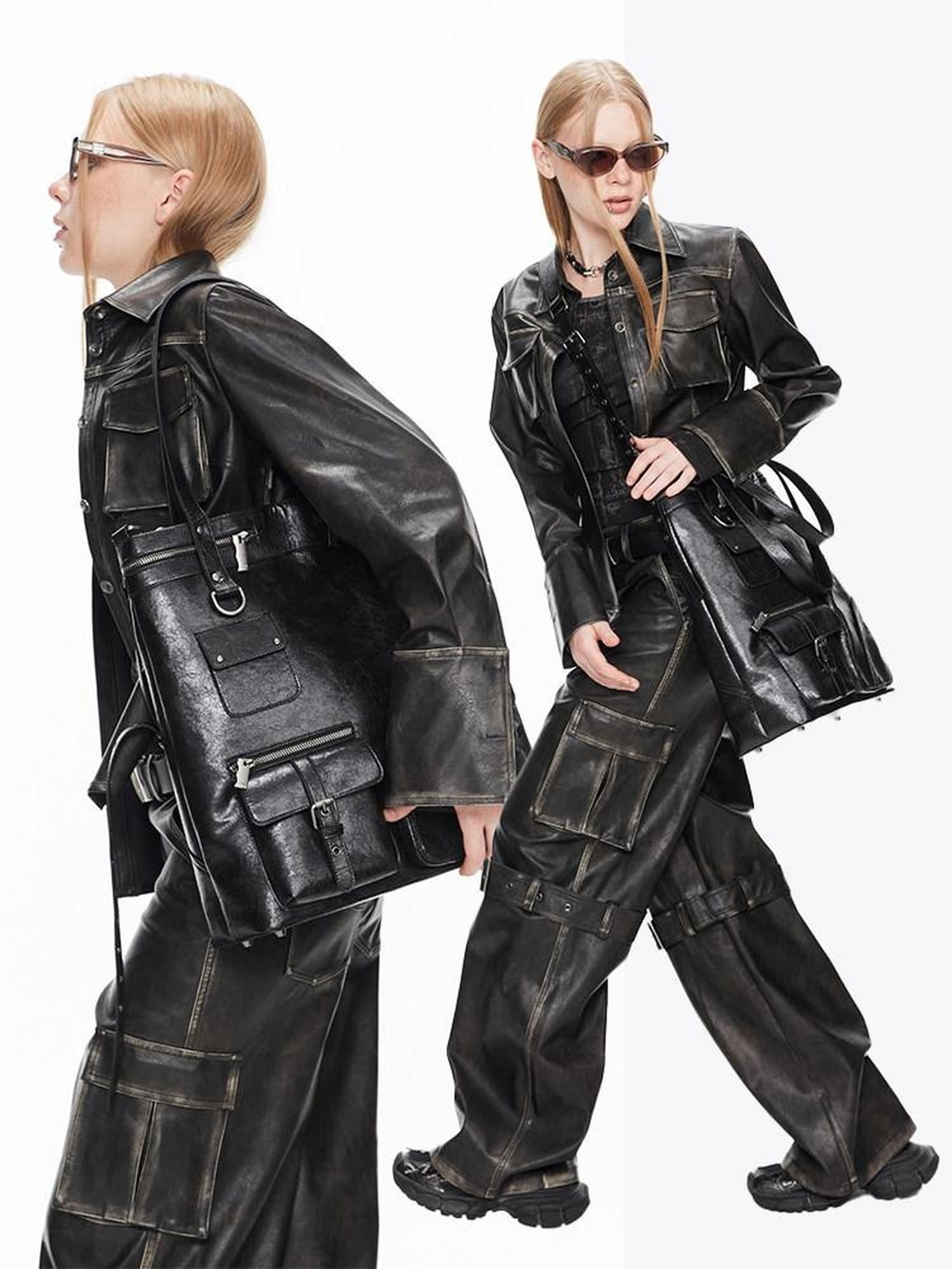 ALINNV Distressed Biker Multi Pocket Tote Convertible Women&