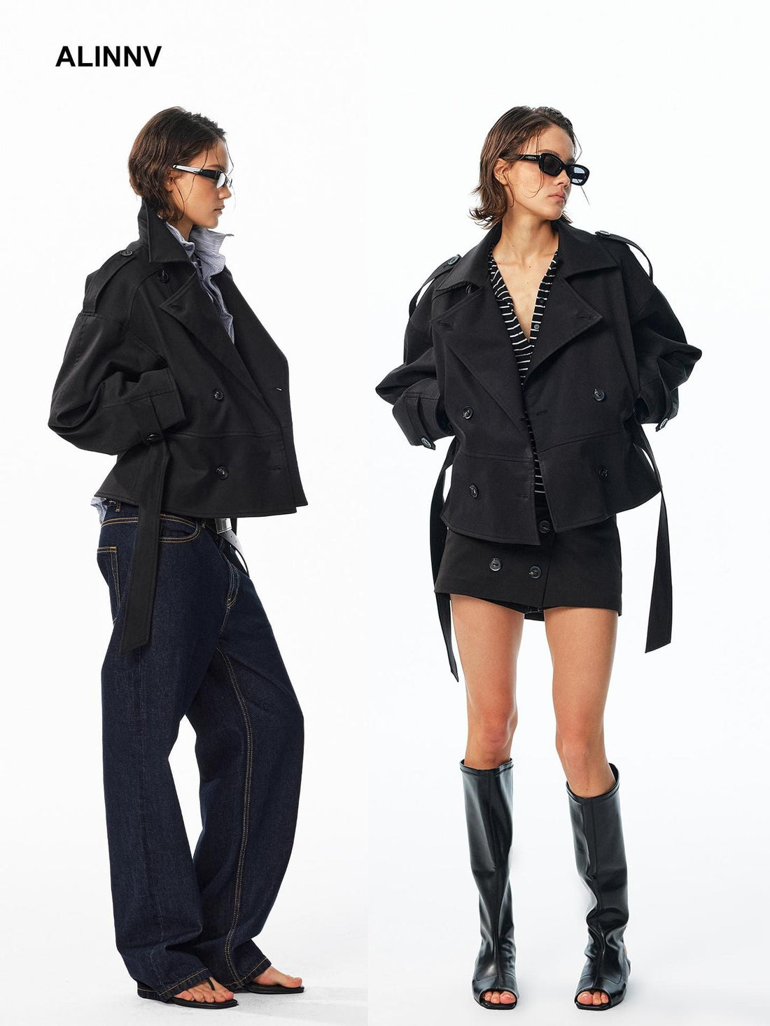 ALINNV Double Breasted Belted Short Tencel Women&