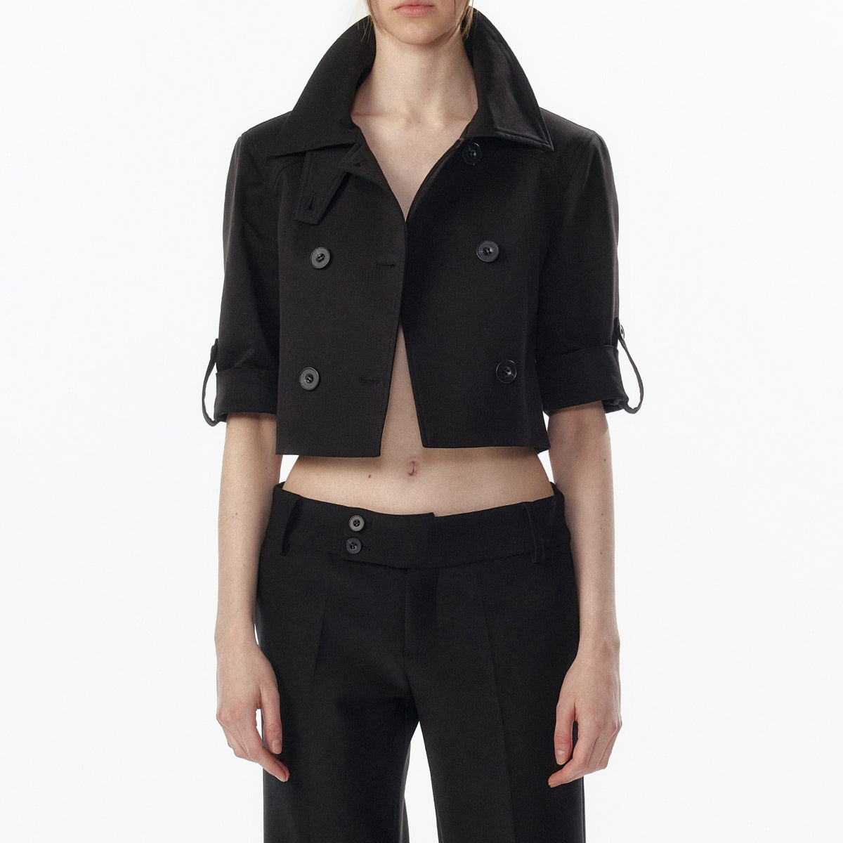 ALINNV_Exposed_Waist_Double_Breasted_Turn_Collar_Short_Sleeve_Women&