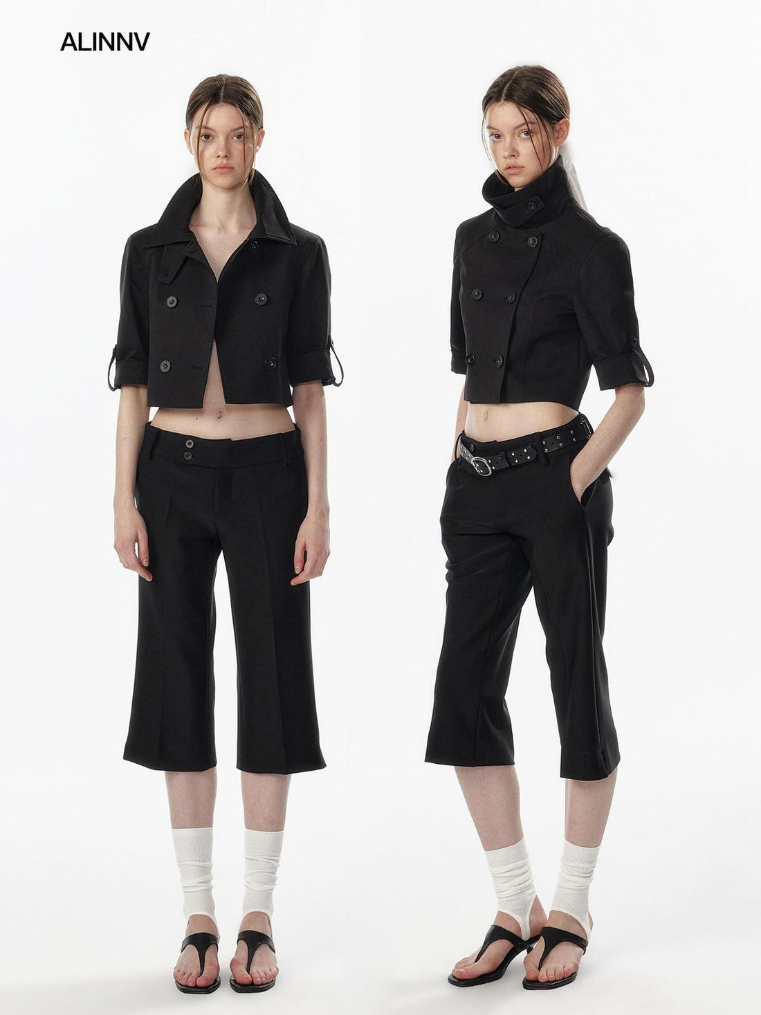 ALINNV Exposed Waist Double Breasted Turn Collar Short Sleeve Women&