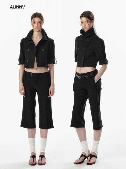 ALINNV Exposed Waist Double Breasted Turn Collar Short Sleeve Women&