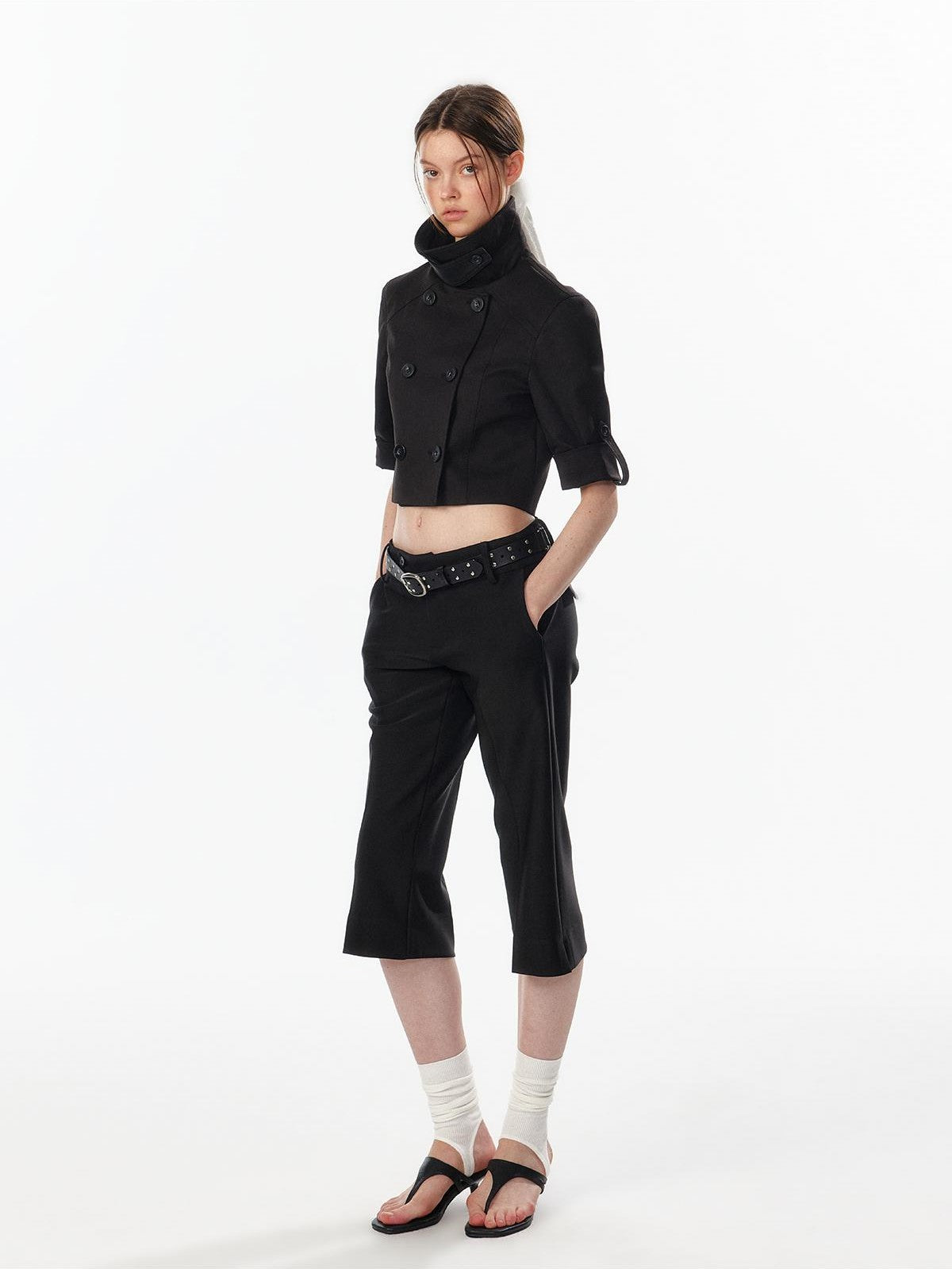 ALINNV Exposed Waist Double Breasted Turn Collar Short Sleeve Women&
