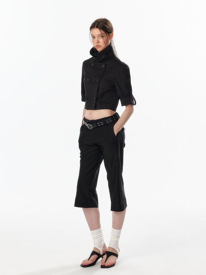 ALINNV Exposed Waist Double Breasted Turn Collar Short Sleeve Women&