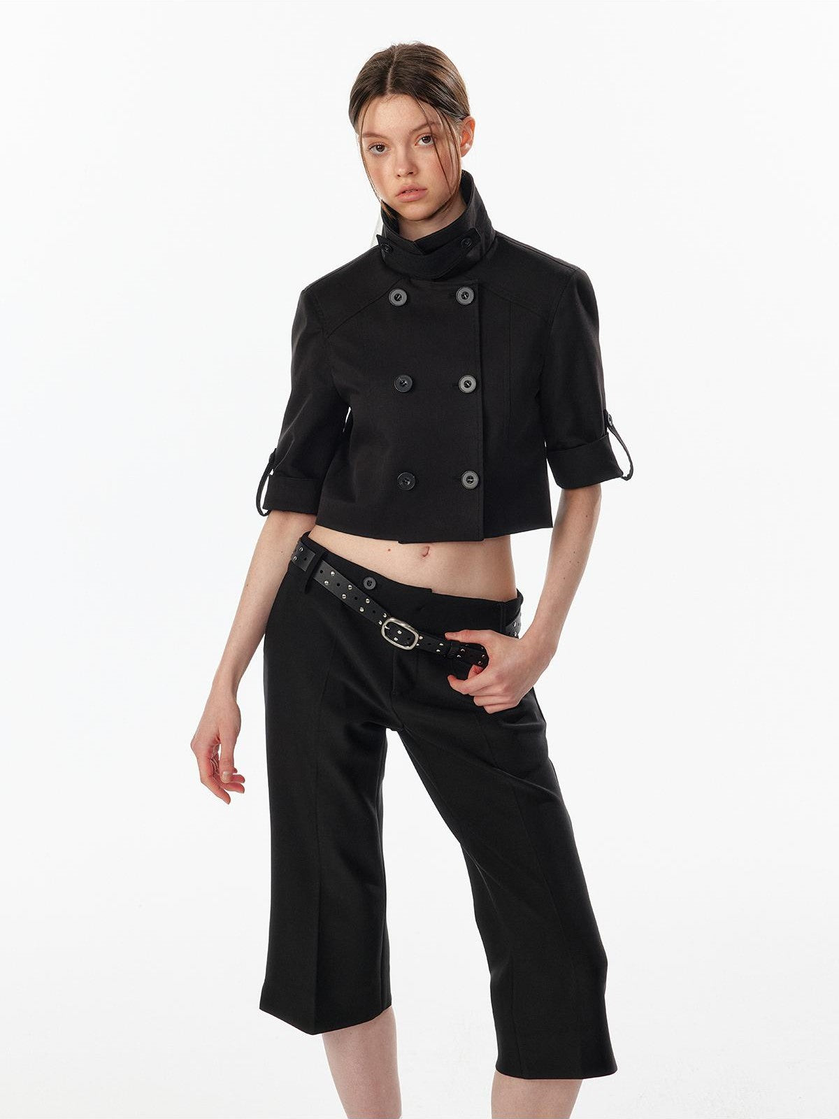 ALINNV Exposed Waist Double Breasted Turn Collar Short Sleeve Women&
