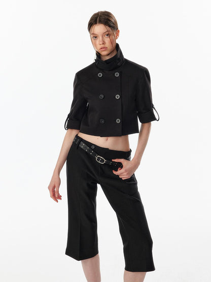 ALINNV Exposed Waist Double Breasted Turn Collar Short Sleeve Women&