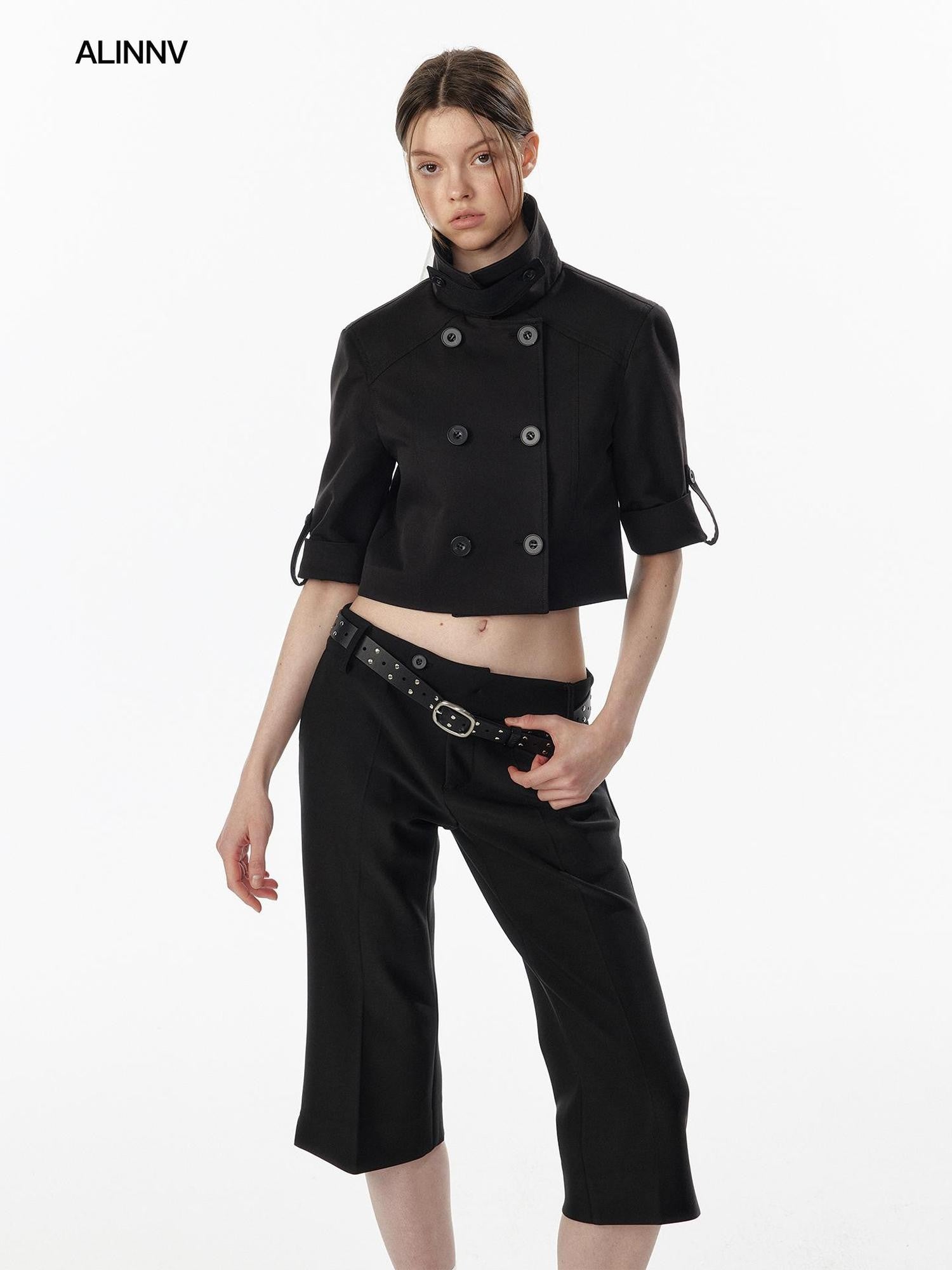 ALINNV Exposed Waist Double Breasted Turn Collar Short Sleeve Women&