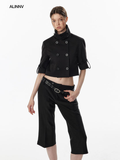 ALINNV Exposed Waist Double Breasted Turn Collar Short Sleeve Women&