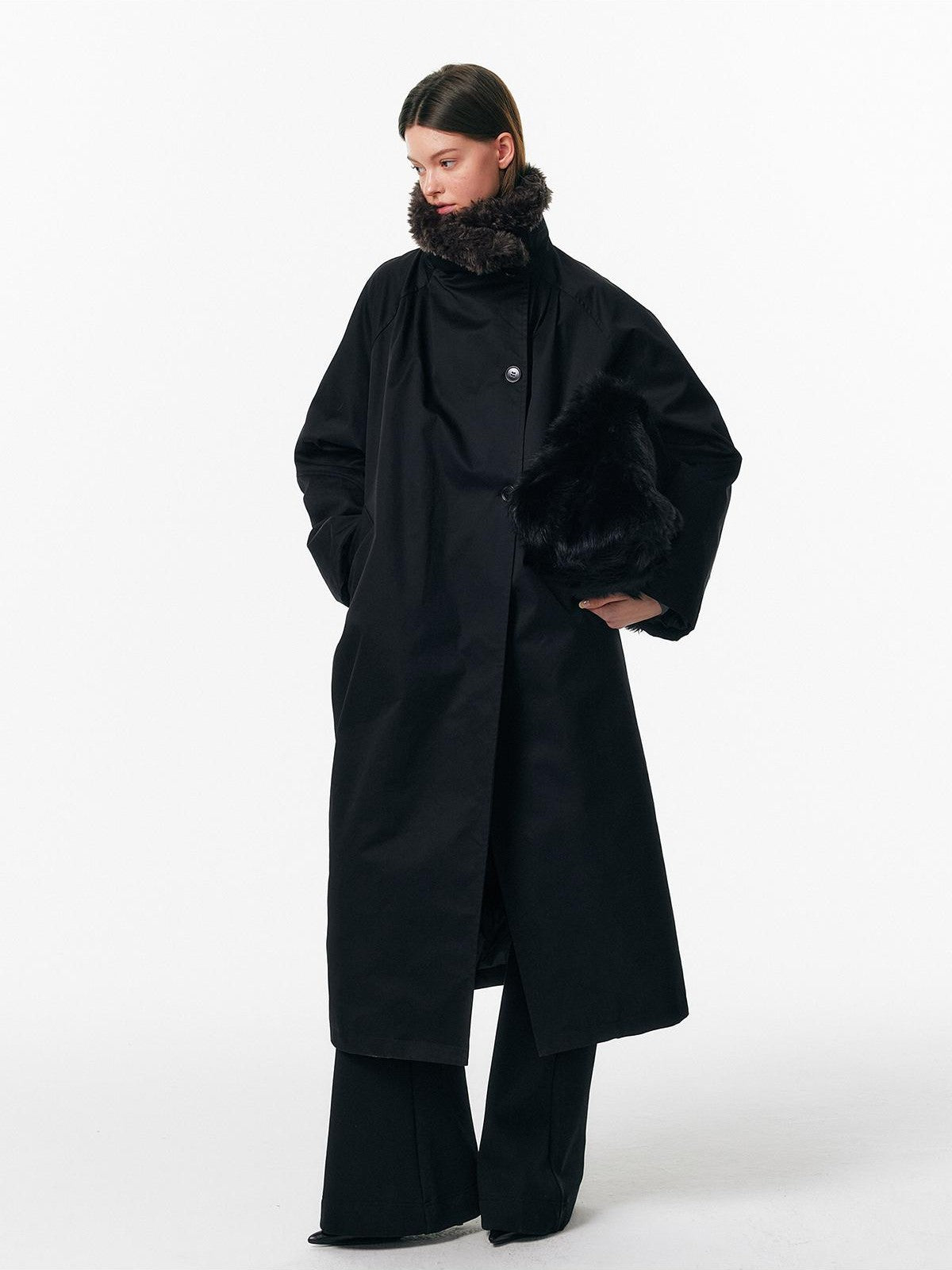 ALINNV Faux Fur Trim Loose Fit Stand Collar White Duck Down Women&