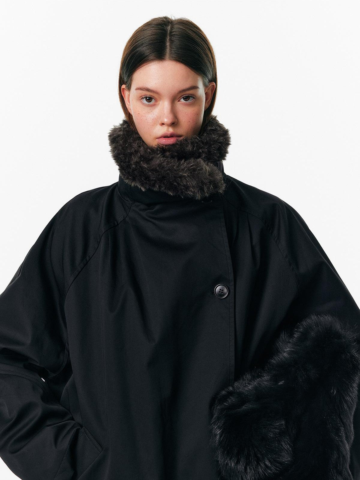 ALINNV Faux Fur Trim Loose Fit Stand Collar White Duck Down Women&