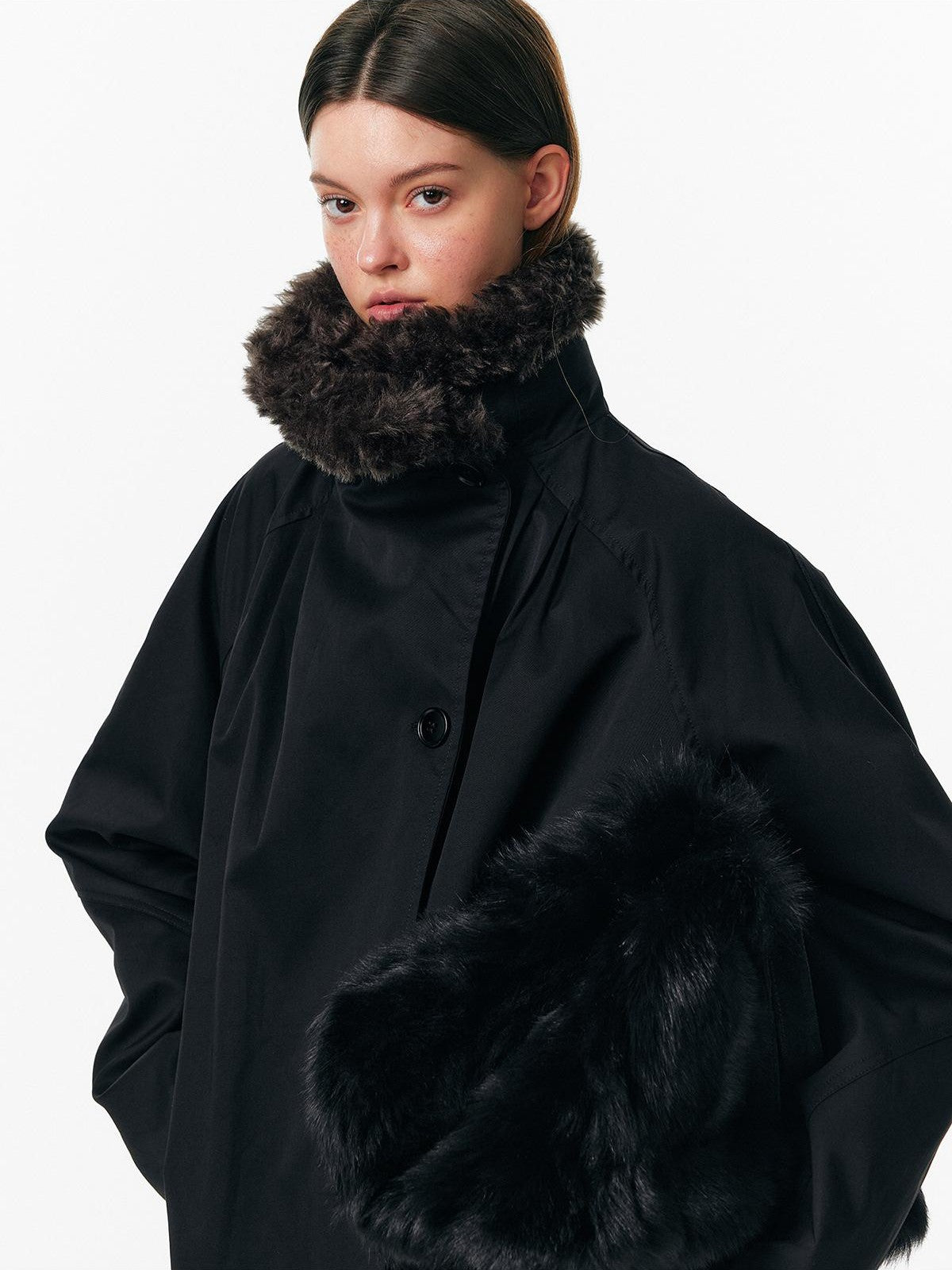 ALINNV Faux Fur Trim Loose Fit Stand Collar White Duck Down Women&