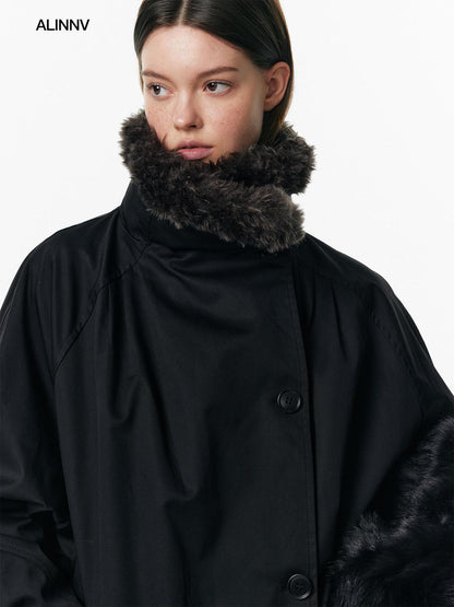 ALINNV Faux Fur Trim Loose Fit Stand Collar White Duck Down Women&