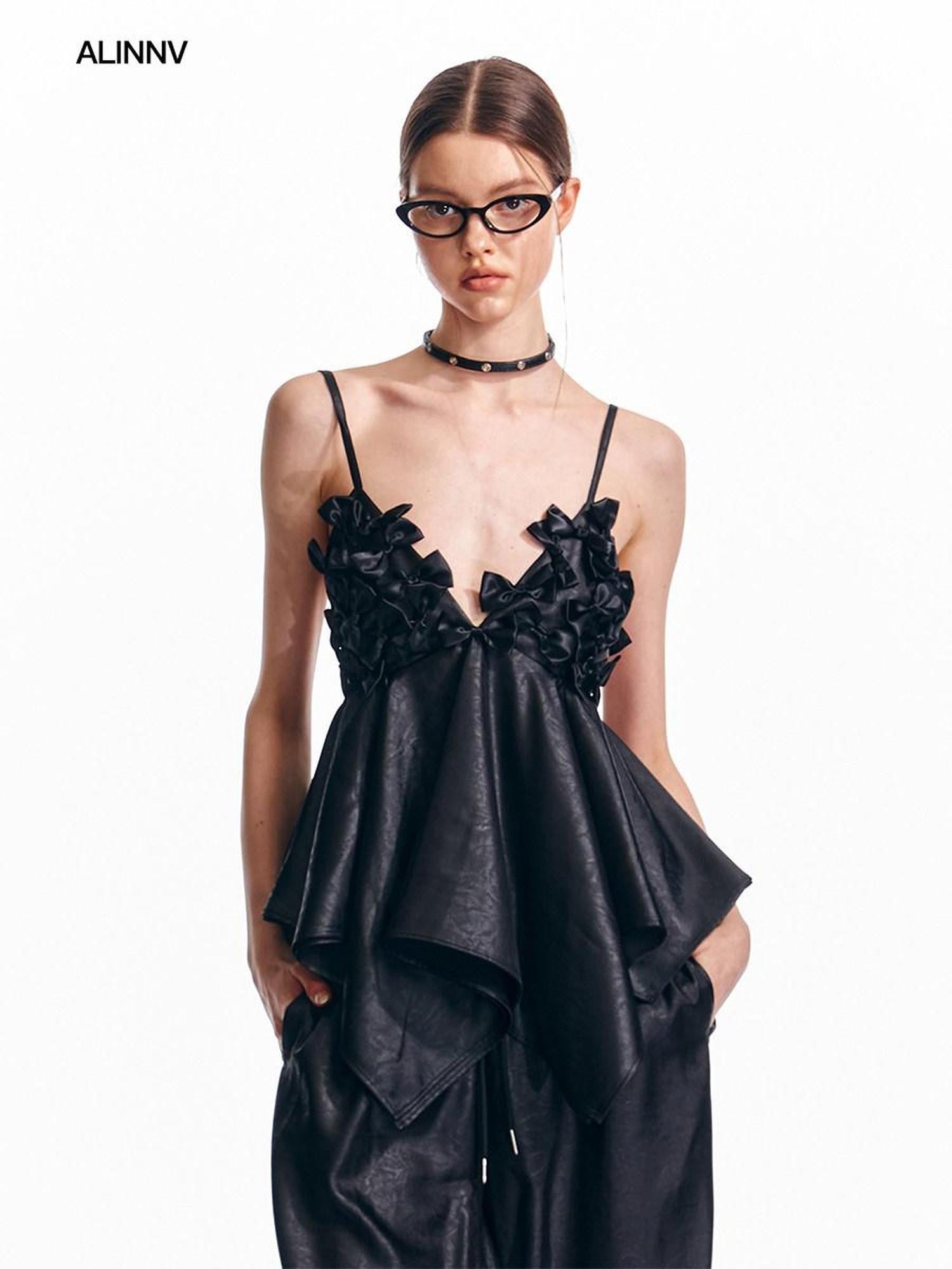 ALINNV Flared Hem Bow V-neck Loose Original Design Women&