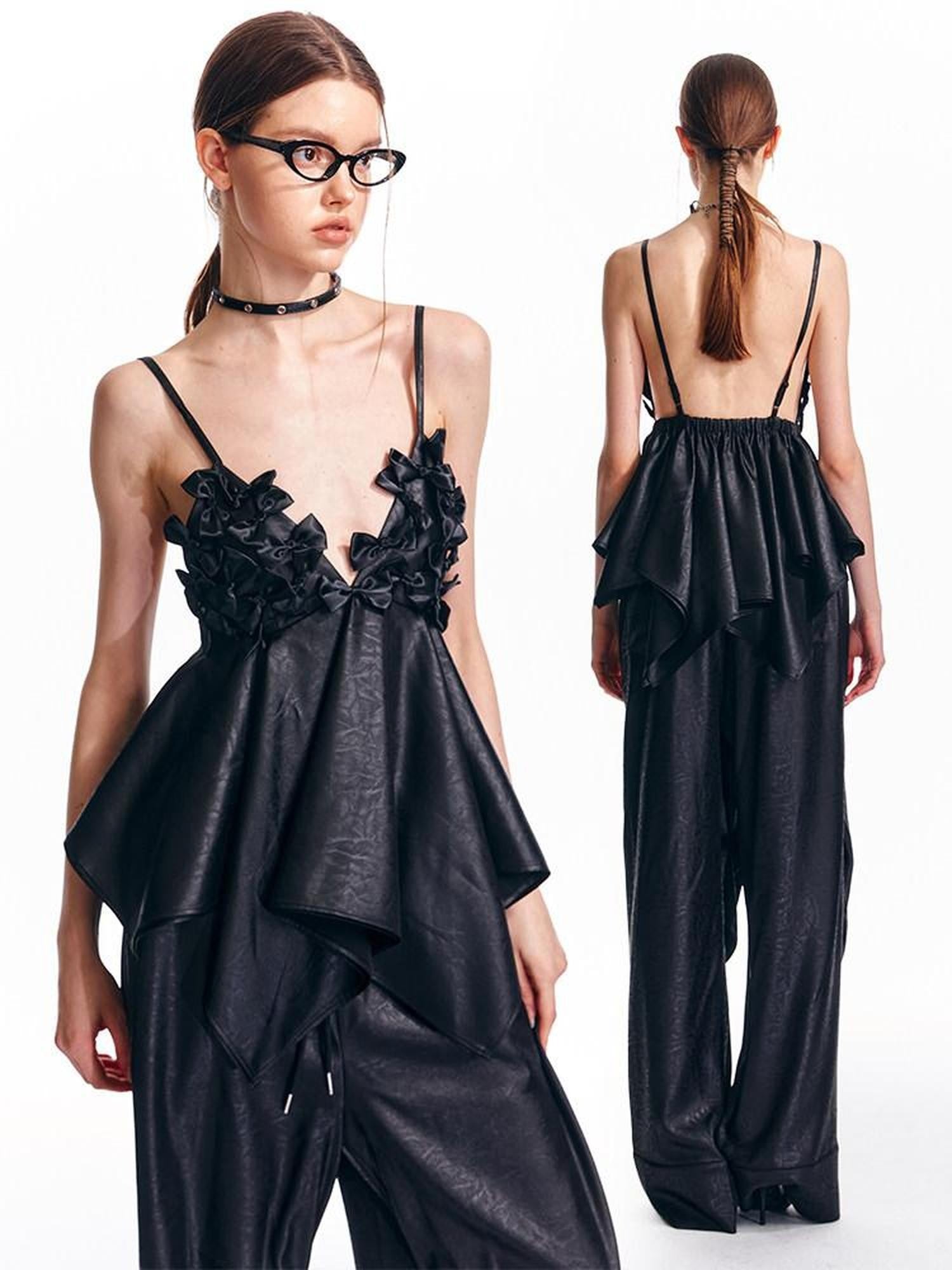 ALINNV Flared Hem Bow V-neck Loose Original Design Women&