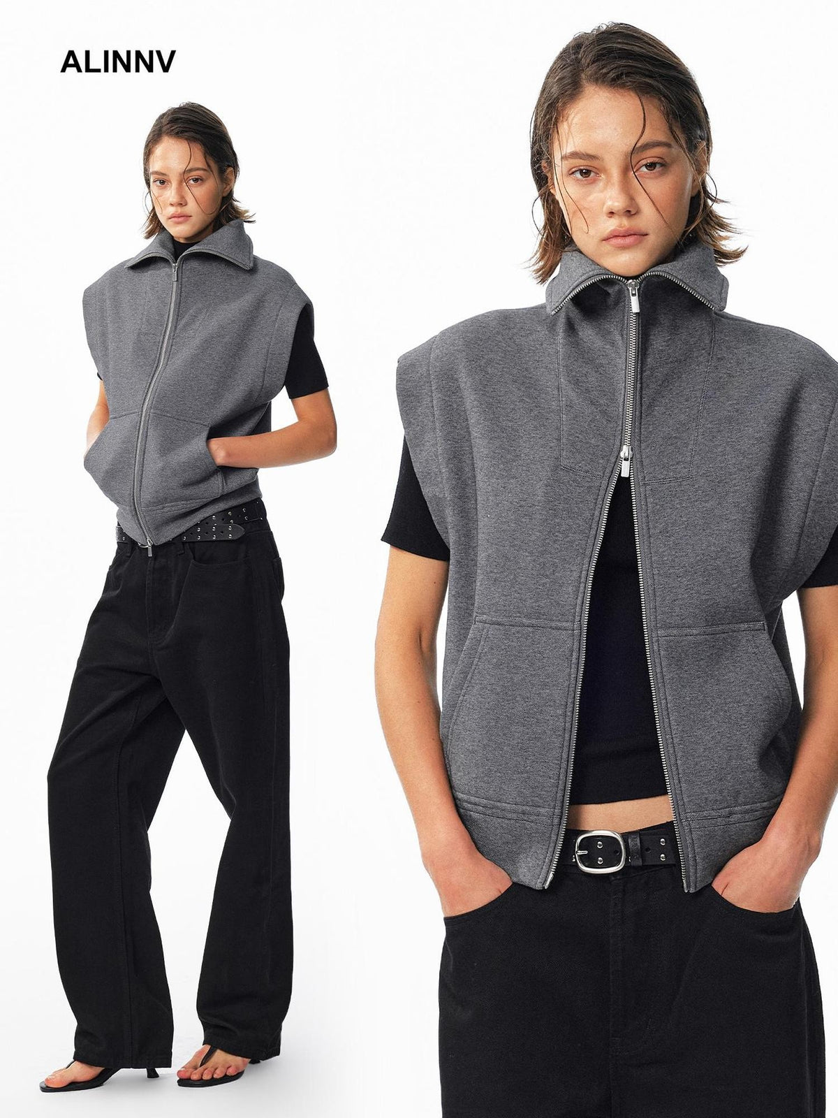 ALINNV Fleece Lined Fly Sleeve Stand Collar Zip Up Loose Women&